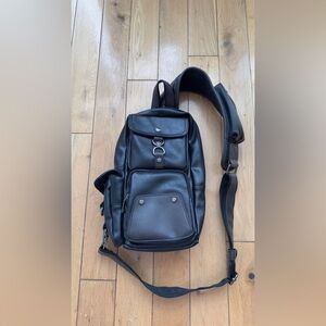 Black Faux Leather Sling Backpack Crossbody Bag Unisex